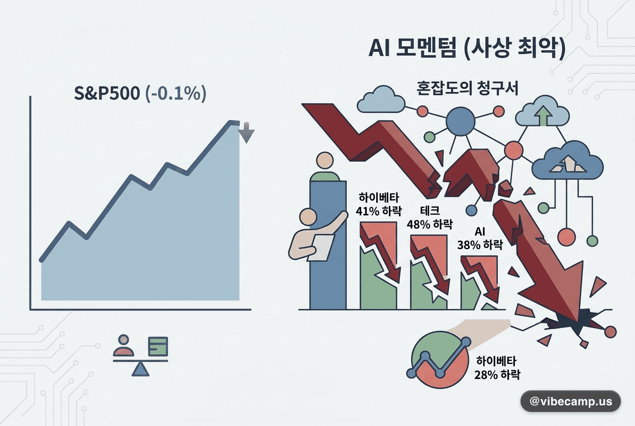 지수는 0.1% 하락인데 AI 모멘텀은 사상 최악 — 혼잡도의 청구서