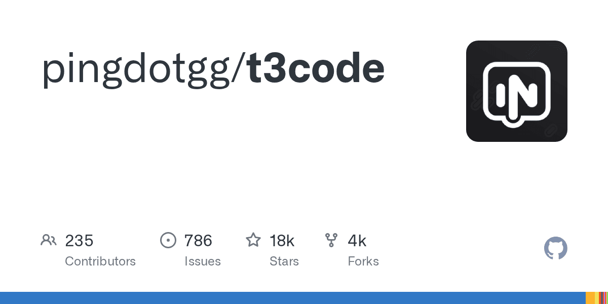 GitHub 저장소 pingdotgg/t3code의 오픈그래프 카드 — AI 코딩 에이전트용 크로스플랫폼 컨트롤 서피스의 스타·포크 지표