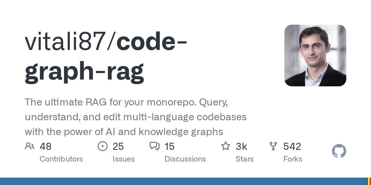 GitHub 저장소 vitali87/code-graph-rag의 오픈그래프 카드 — AI 에이전트용 모노레포 지식그래프 프로젝트