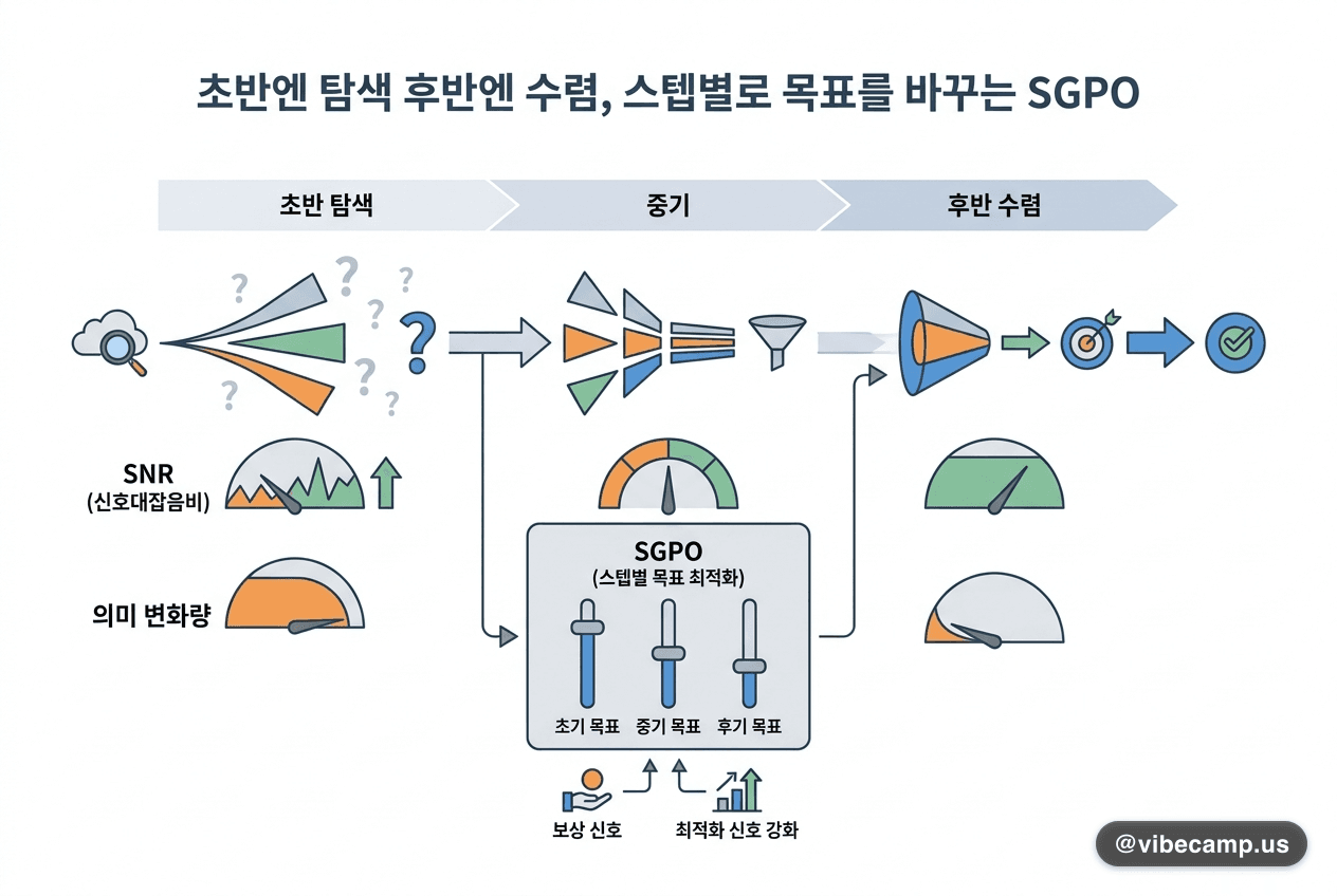 초반엔 탐색 후반엔 수렴, 스텝별로 목표를 바꾸는 SGPO
