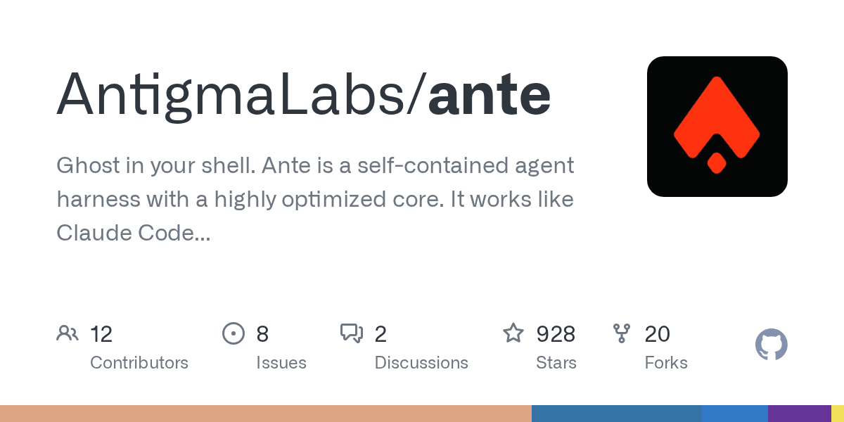 GitHub 저장소 AntigmaLabs/ante의 오픈그래프 카드 — 오프라인으로 도는 단일 바이너리 코딩 에이전트 Ante의 스타·포크 지표