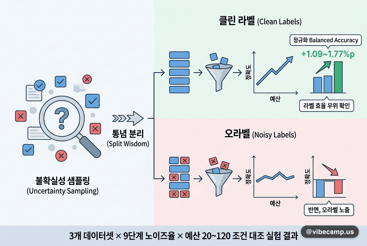 불확실성 샘플링은 정말 나쁜 라벨을 더 먹는가 — 통념을 둘로 쪼갠 실험