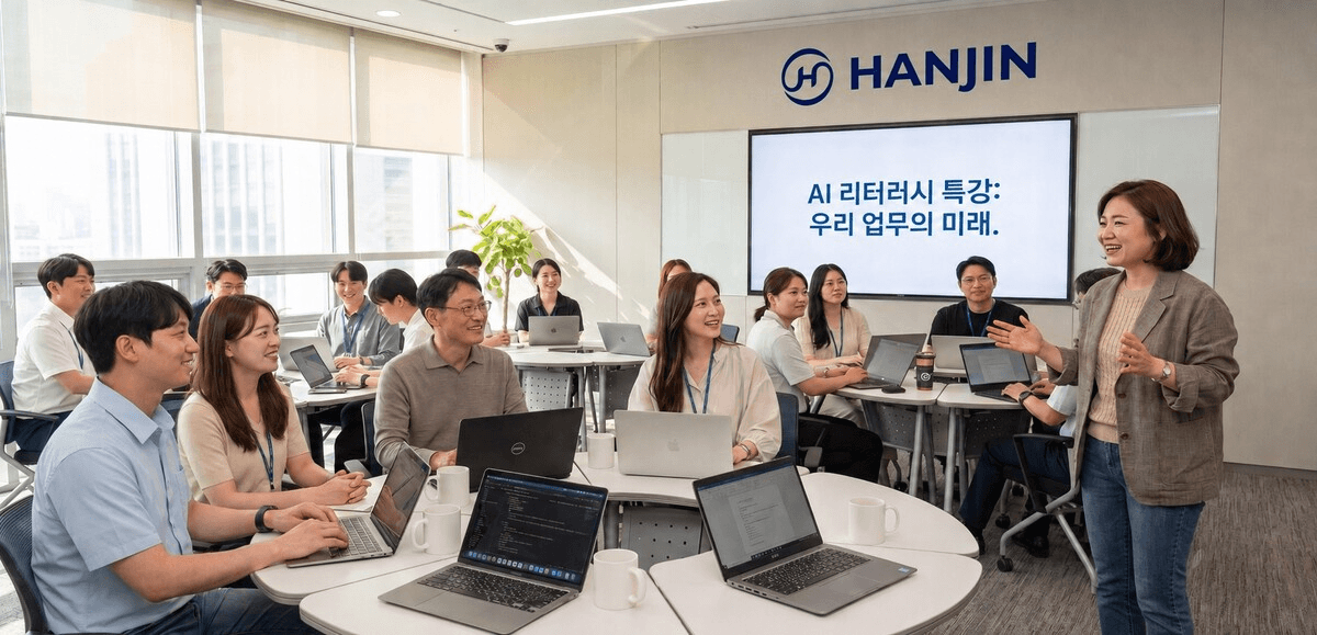 한진 사내 'AI 리터러시 특강: 우리 업무의 미래' 강의실에서 임직원들이 노트북을 펴고 교육에 참여하는 모습