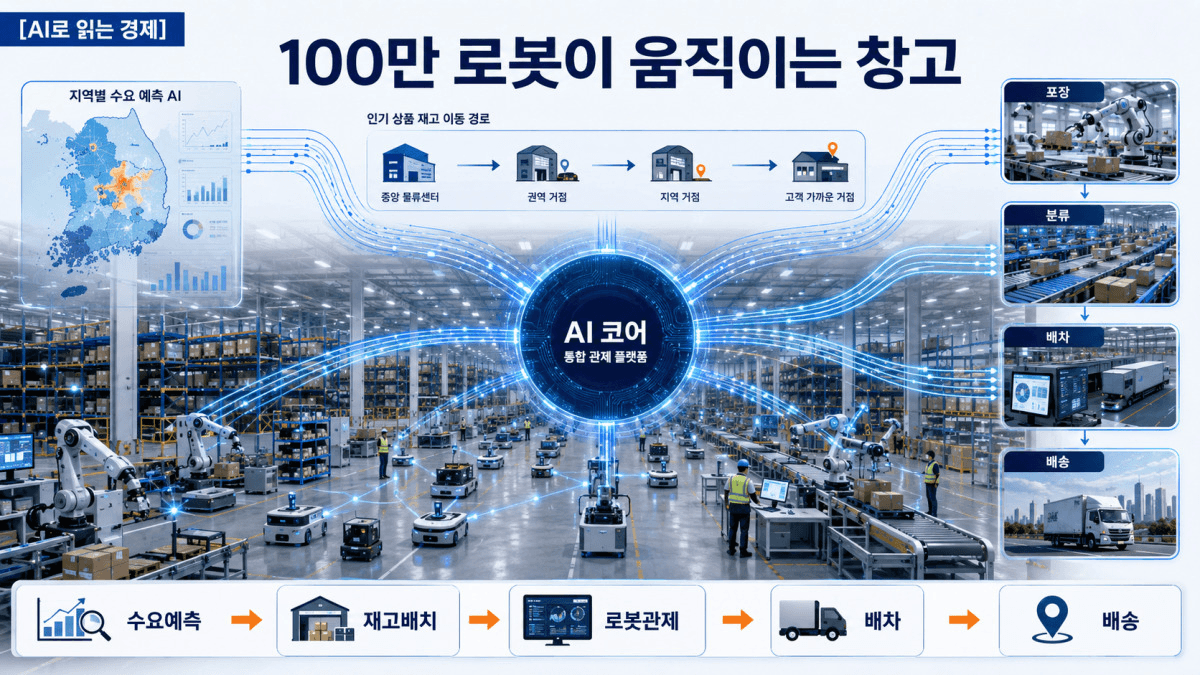 '100만 로봇이 움직이는 창고' 인포그래픽 — 물류창고 전경 위에 AI 코어를 중심으로 수요예측·재고배치·로봇관제·배차·배송 흐름이 연결된 도식