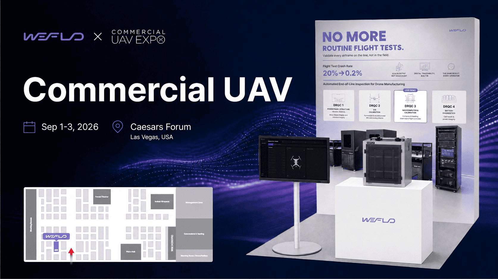 위플로가 Commercial UAV Expo 2026에 출품하는 드론 항법장치 자동 점검 장비와 대시보드 화면이 배치된 전시 부스 이미지