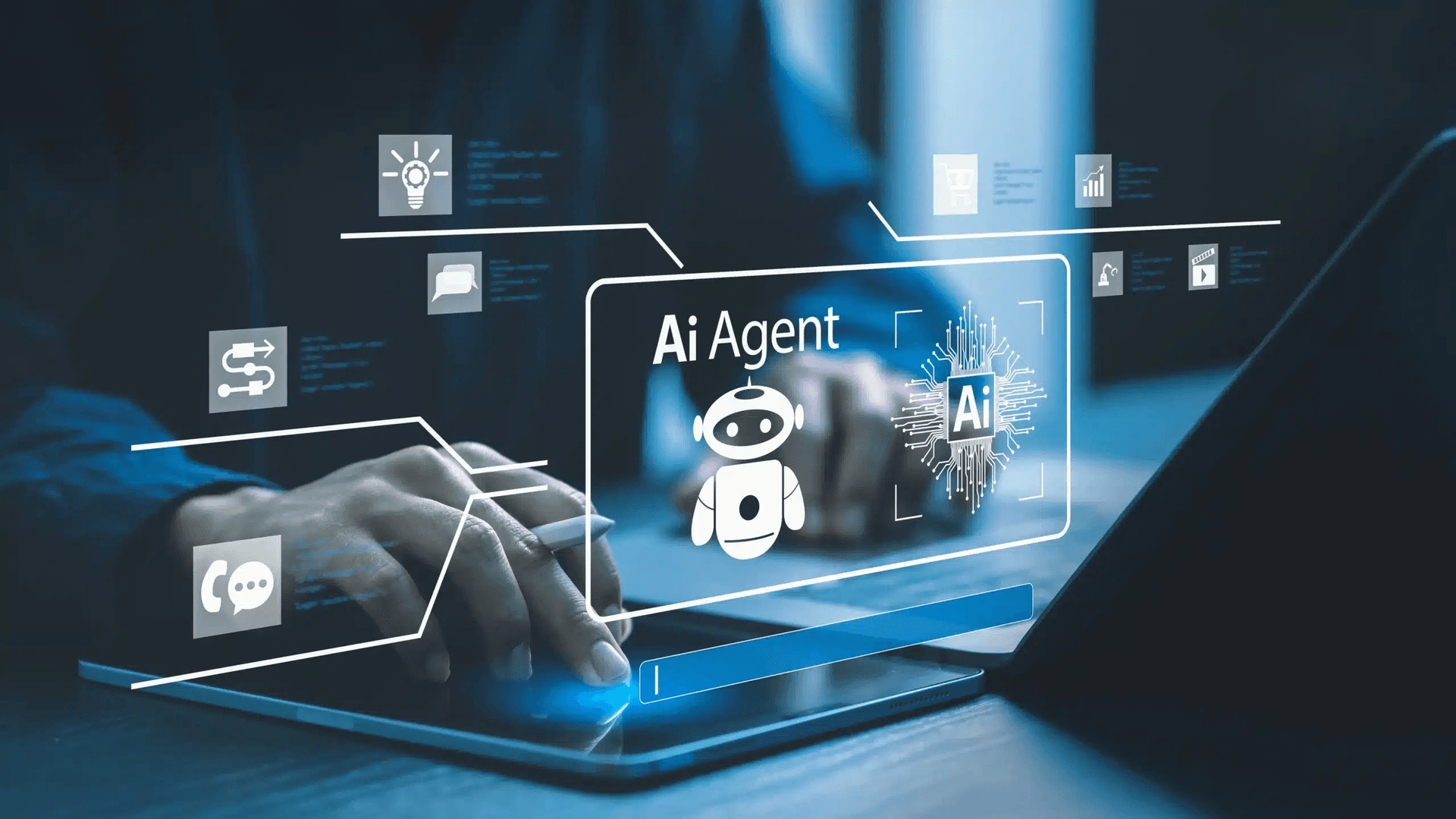 노트북 앞에 앉은 사람의 손 위로 'Ai Agent' 라벨과 로봇·회로 아이콘이 떠 있는 파란 톤의 AI 에이전트 개념 이미지