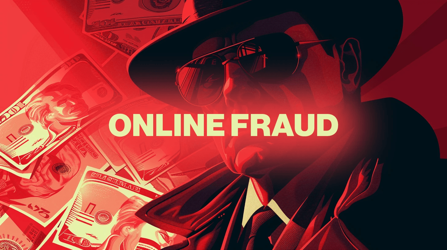 붉은 배경에 달러 지폐가 흩어져 있고 중앙에 'ONLINE FRAUD' 문구가 놓인 온라인 사기 개념 일러스트