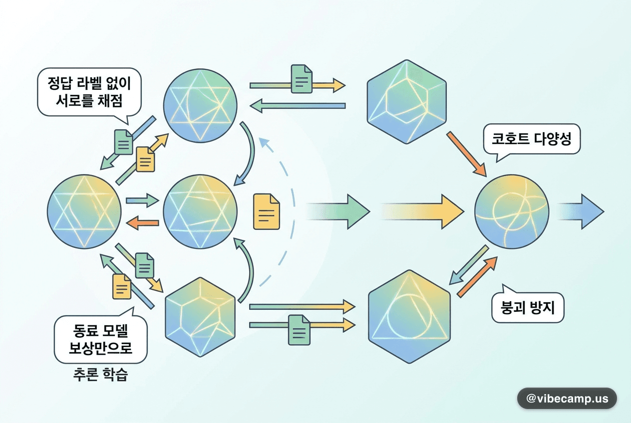 정답 라벨 없이 서로를 채점합니다 — 동료 모델 보상만으로 추론 학습