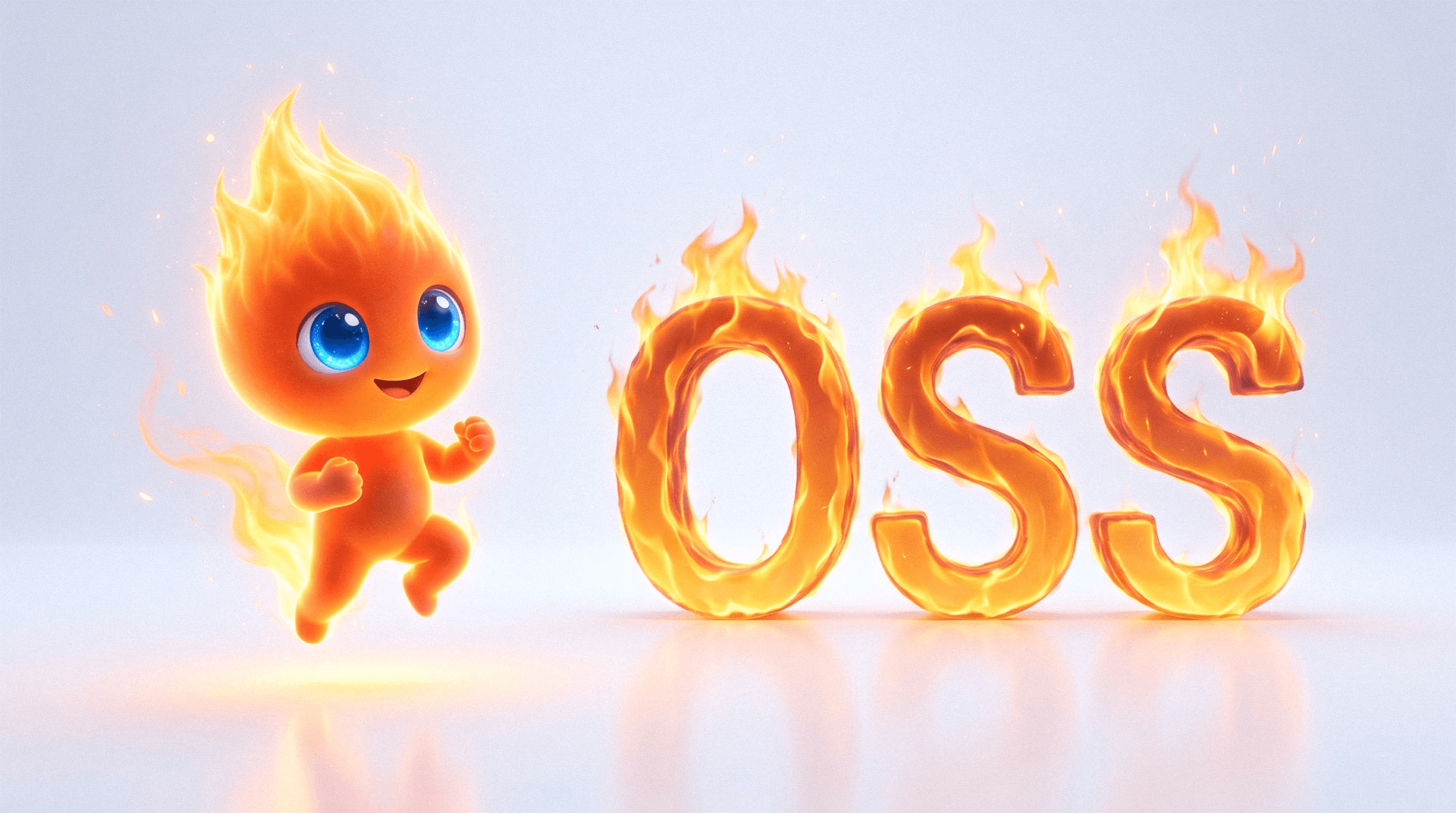 불꽃 캐릭터가 불타는 'OSS' 글자 옆을 달리는 Mojo 오픈소스화 발표 브랜드 이미지