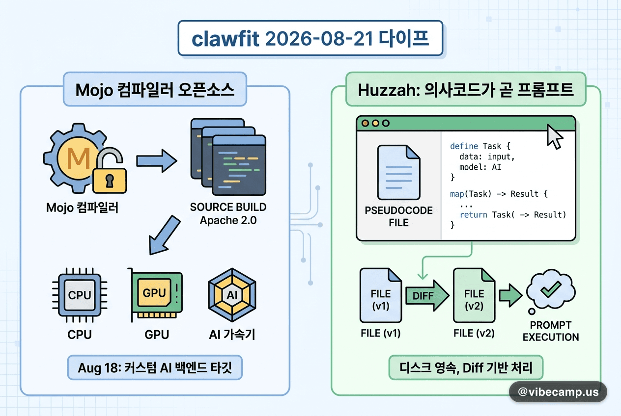 clawfit 2026-08-21 다이프 — Mojo 컴파일러 오픈소스와 "의사코드가 곧 프롬프트"인 에디터