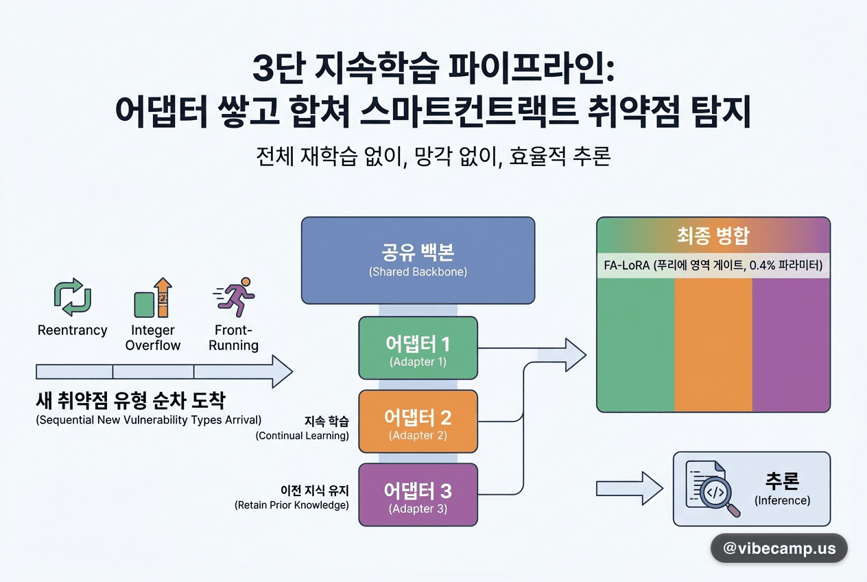 어댑터를 계속 쌓다 결국 하나로 합치는 3단 지속학습 파이프라인