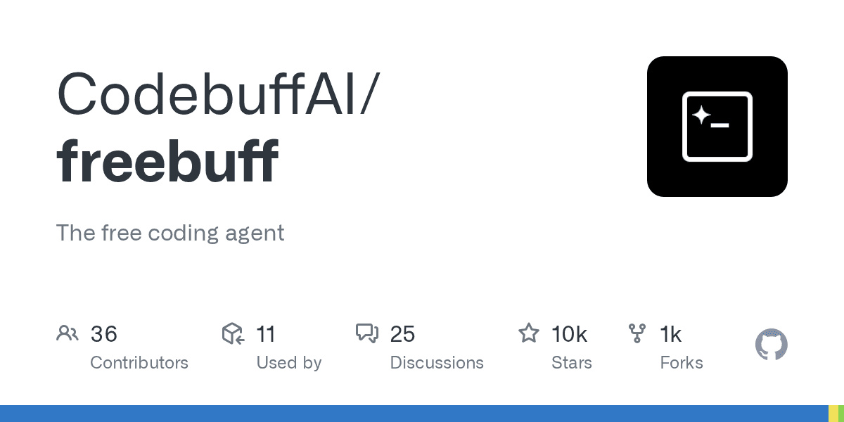 CodebuffAI/freebuff 저장소 GitHub 소셜 카드 — 광고 기반 무료 코딩 에이전트 설명과 스타·포크 지표