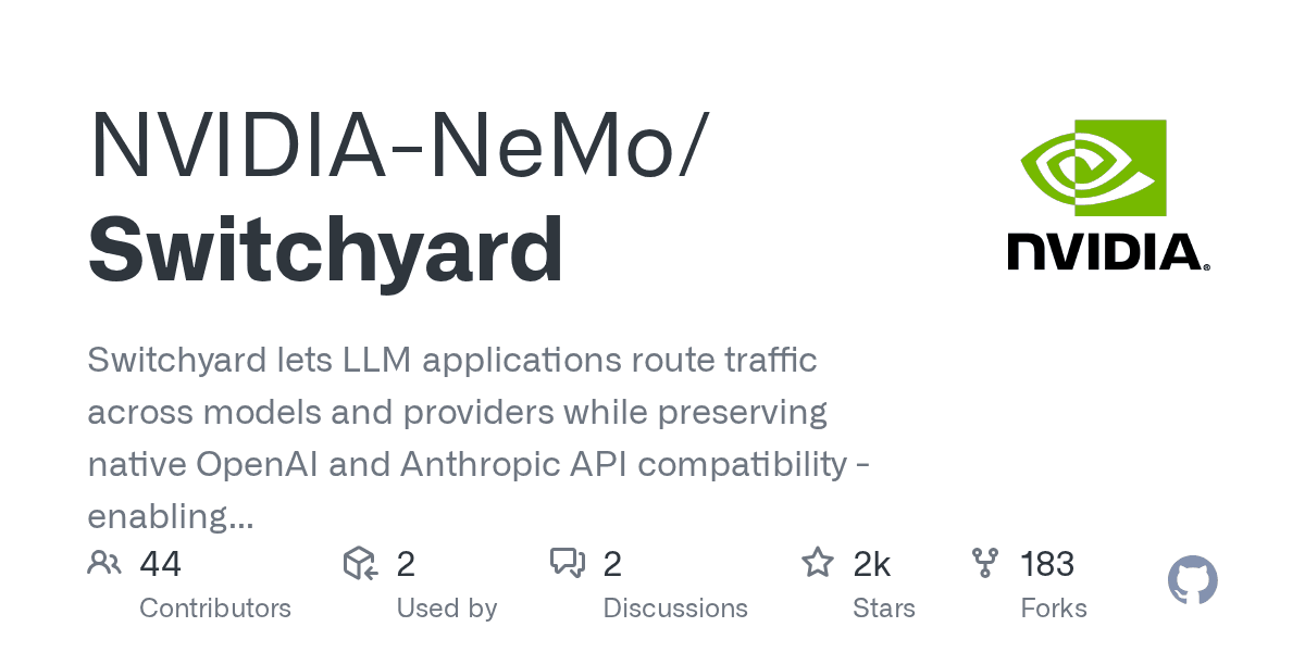 NVIDIA-NeMo/Switchyard 저장소 GitHub 소셜 카드 — OpenAI·Anthropic 프로토콜을 번역하는 Rust LLM 라우터 설명과 스타·포크 지표