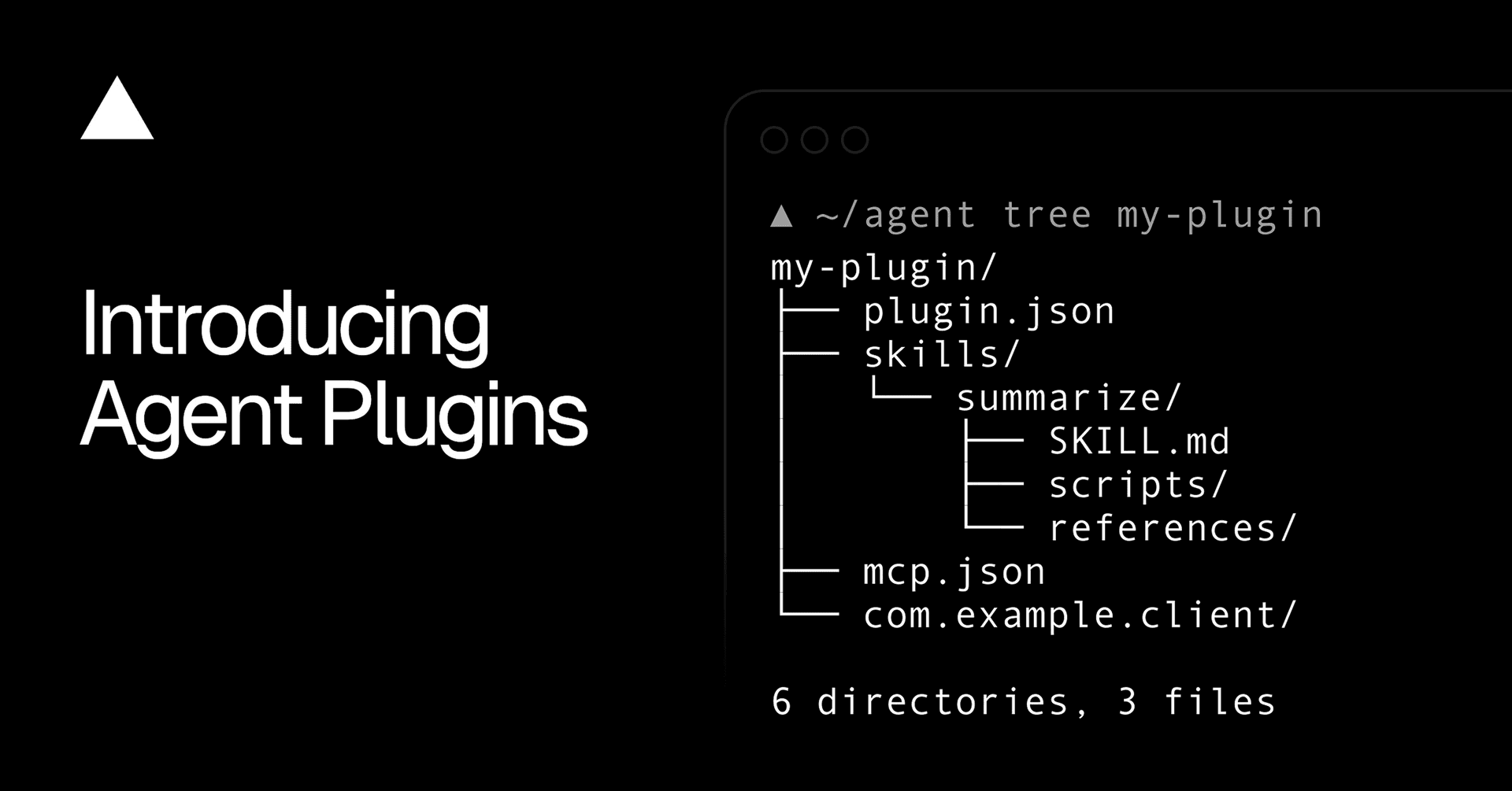 Agent Plugins 발표 이미지 — plugin.json, skills/, mcp.json이 한 폴더에 놓인 디렉터리 트리를 보여주는 터미널 화면