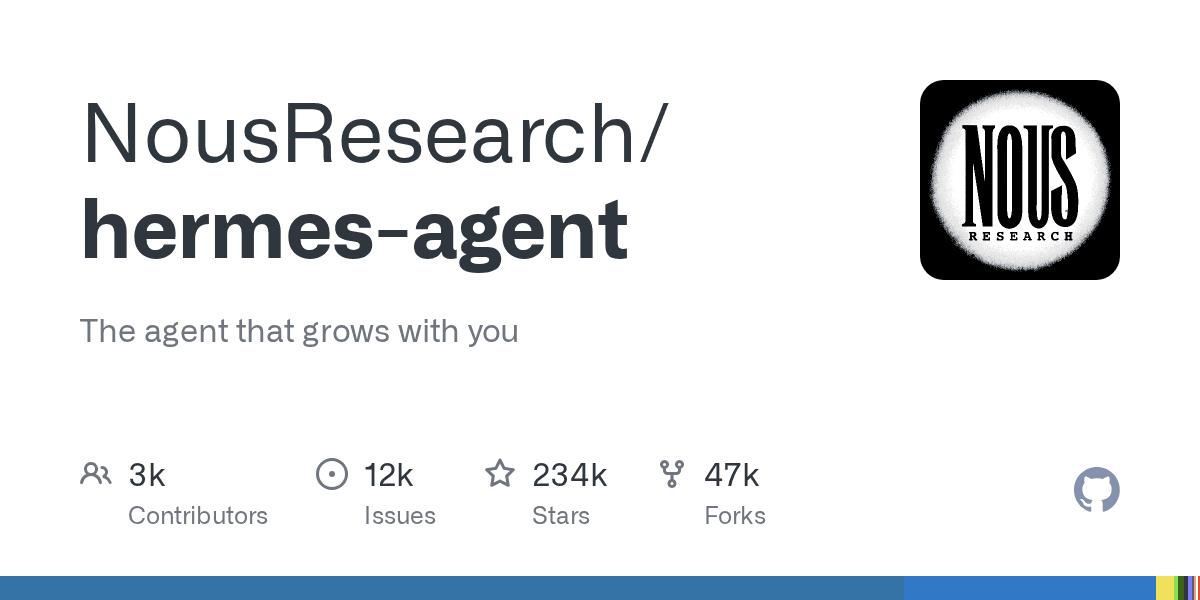 NousResearch/hermes-agent 깃허브 레포 카드 — 'The agent that grows with you' 태그라인과 기여자·스타 통계