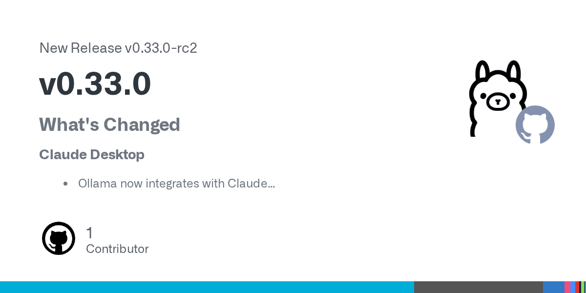 Ollama v0.33.0-rc2 릴리스 소셜 카드 — 'Claude Desktop: Ollama now integrates with Claude' 변경사항이 적힌 깃허브 자동 생성 이미지