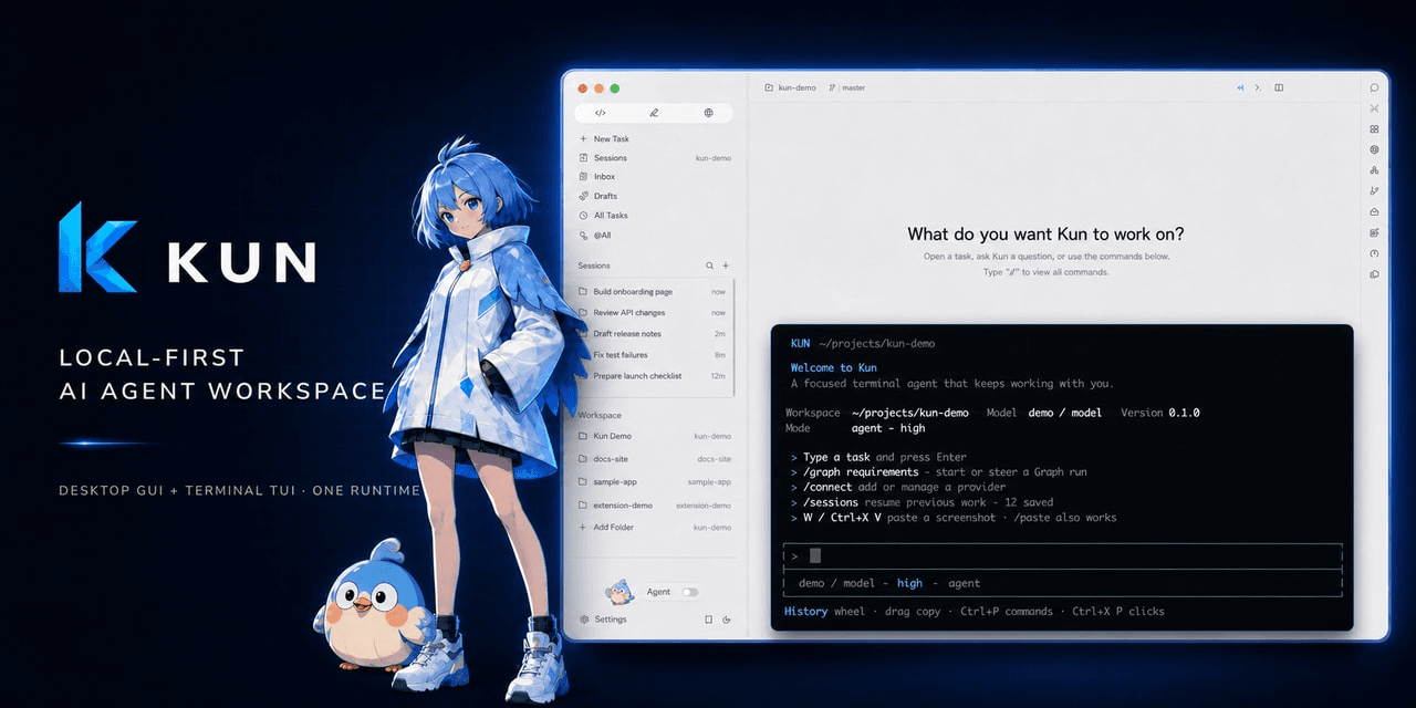 Kun 제품 소개 배너 — 'LOCAL-FIRST AI AGENT WORKSPACE, DESKTOP GUI + TERMINAL TUI · ONE RUNTIME' 문구와 함께 데스크톱 GUI 세션 목록 화면, 터미널 TUI 화면이 나란히 놓인 이미지