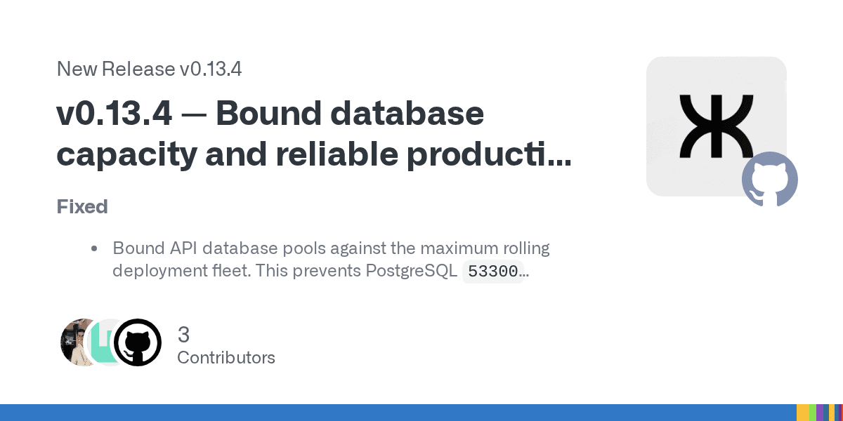 Suna v0.13.4 릴리스 카드 — 'Bound database capacity and reliable production' 제목과 API DB 커넥션 풀을 배포 플릿 최대치에 묶어 PostgreSQL 커넥션 고갈을 막았다는 수정 내역이 적힌 GitHub 릴리스 오픈그래프 이미지