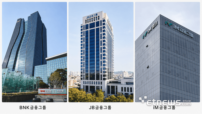 BNK금융그룹·JB금융그룹·iM금융그룹 세 사옥 전경을 나란히 배치한 합성 사진