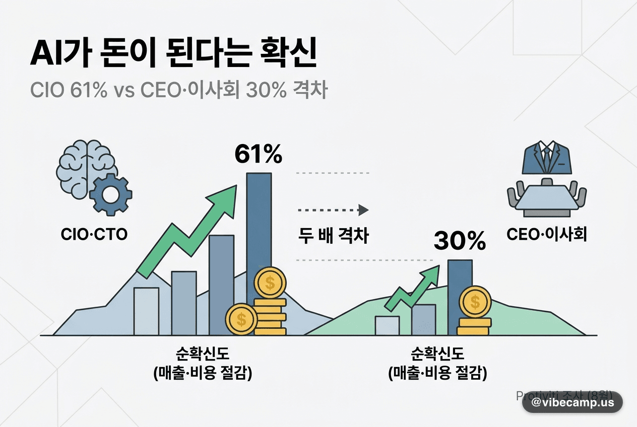 AI가 돈이 된다는 확신 — CIO 61%, CEO·이사회 30%