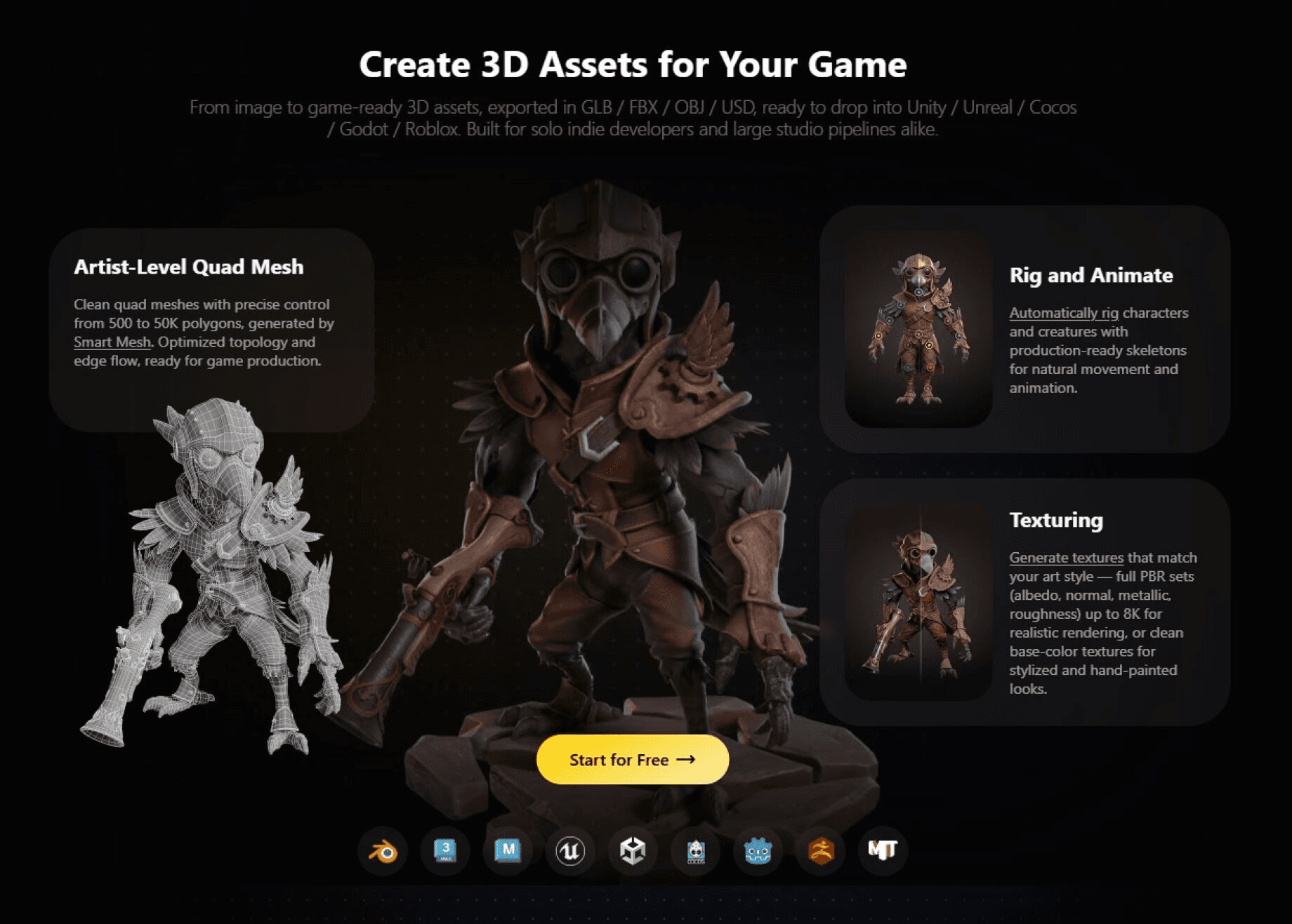 Tripo 제품 소개 화면. 어두운 배경 위 'Create 3D Assets for Your Game' 문구 아래, 왼쪽에는 흰색 와이어프레임 쿼드 메시 캐릭터가, 가운데에는 텍스처가 입혀진 새 부리 가면 전사 3D 모델이 서 있고, 오른쪽에는 쿼드 메시·리깅/애니메이션·텍스처링 기능 설명 패널이 놓여 있다.