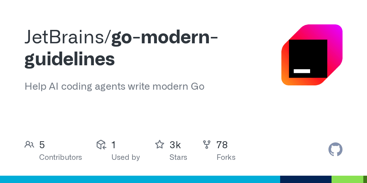 JetBrains/go-modern-guidelines GitHub 레포 카드 — 'Help AI coding agents write modern Go' 설명과 스타 3천, 포크 78 표시