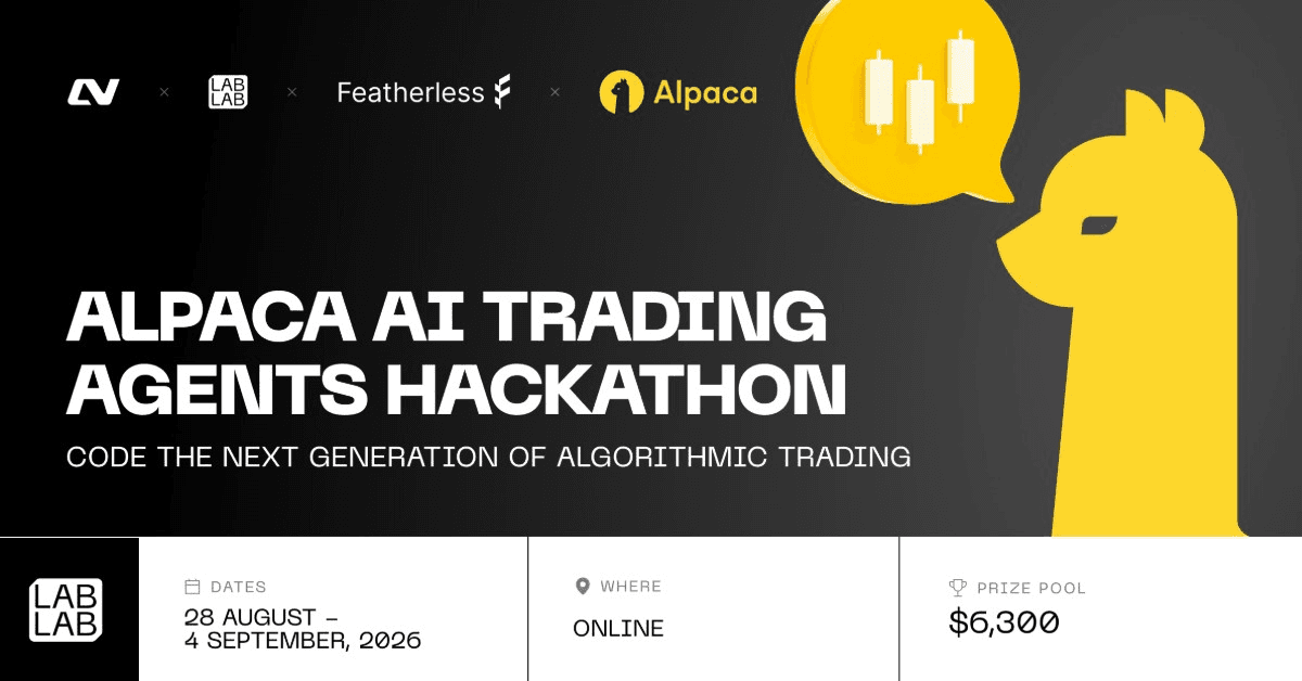 Alpaca AI Trading Agents 해커톤 공식 배너 — 노란 알파카 일러스트와 함께 일정(8월 28일~9월 4일), 온라인 개최, 상금 6,300달러 정보 표시