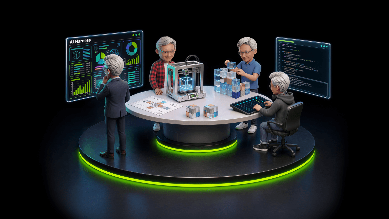 여러 AI 에이전트가 원형 작업대에 둘러앉아 대시보드와 코드 화면을 보며 협업하는 NVIDIA 공식 3D 일러스트