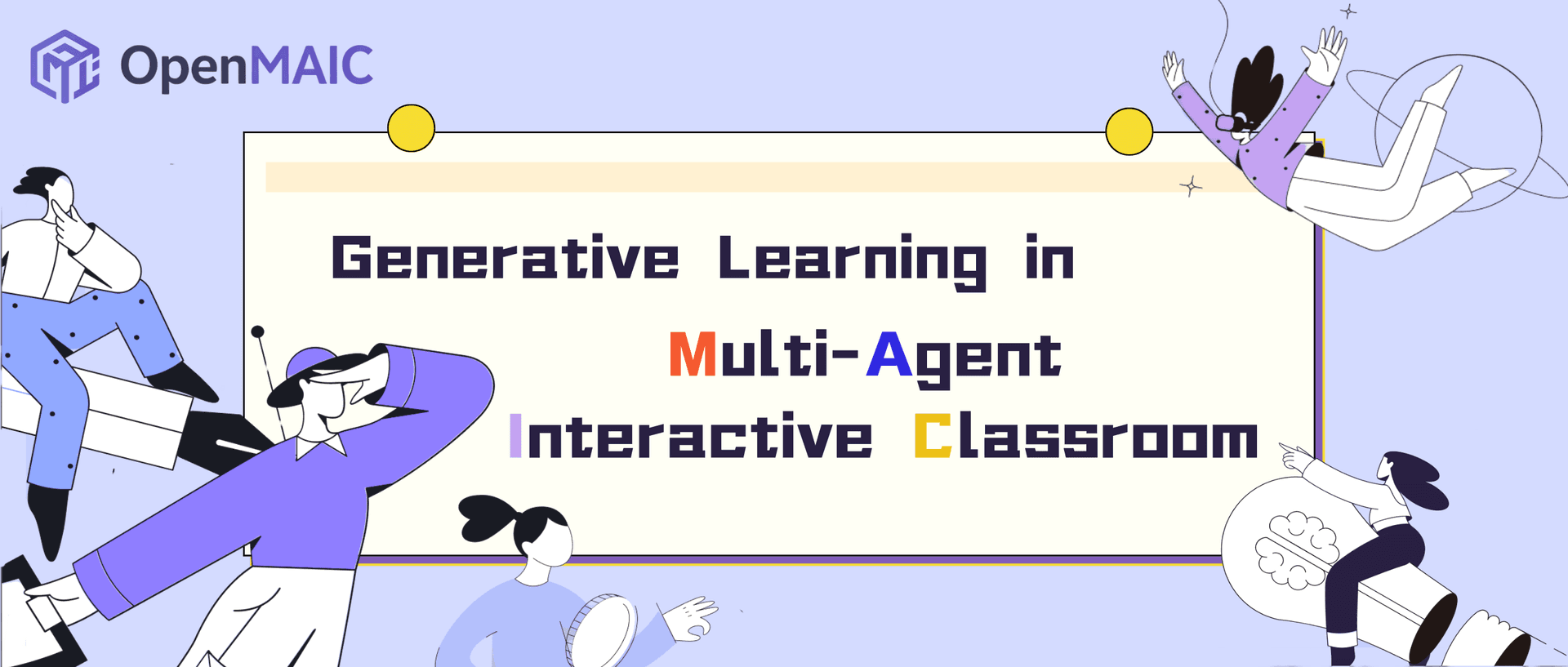 OpenMAIC 공식 배너. 연보라 배경 칠판에 'Generative Learning in Multi-Agent Interactive Classroom' 문구가 적혀 있고 주변에 학습자 일러스트가 배치돼 있다.