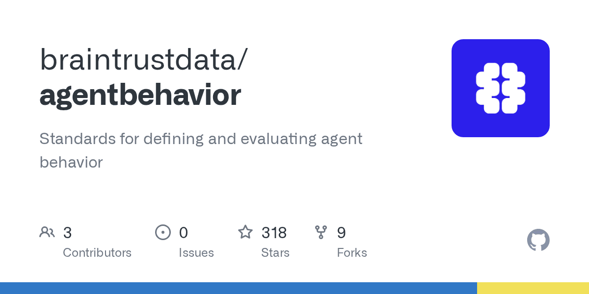 braintrustdata/agentbehavior 저장소의 GitHub 오픈그래프 카드. 'Standards for defining and evaluating agent behavior' 설명과 318 스타 지표, Braintrust 로고가 보인다.