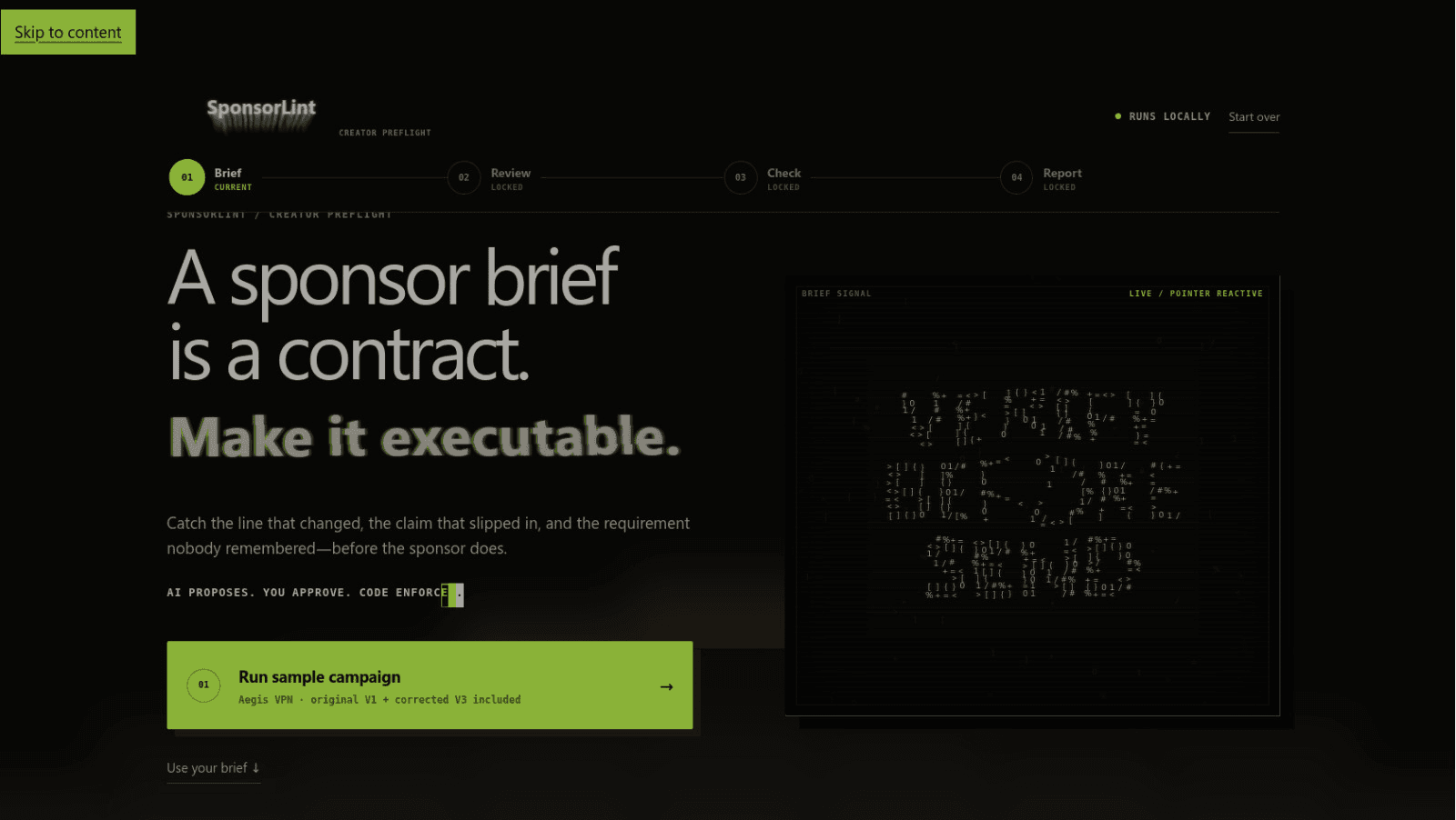SponsorLint Autopilot 웹 화면 캡처. 어두운 배경에 'A sponsor brief is a contract. Make it executable.' 헤드라인과 Brief–Review–Check–Report 4단계 진행 표시가 보인다.