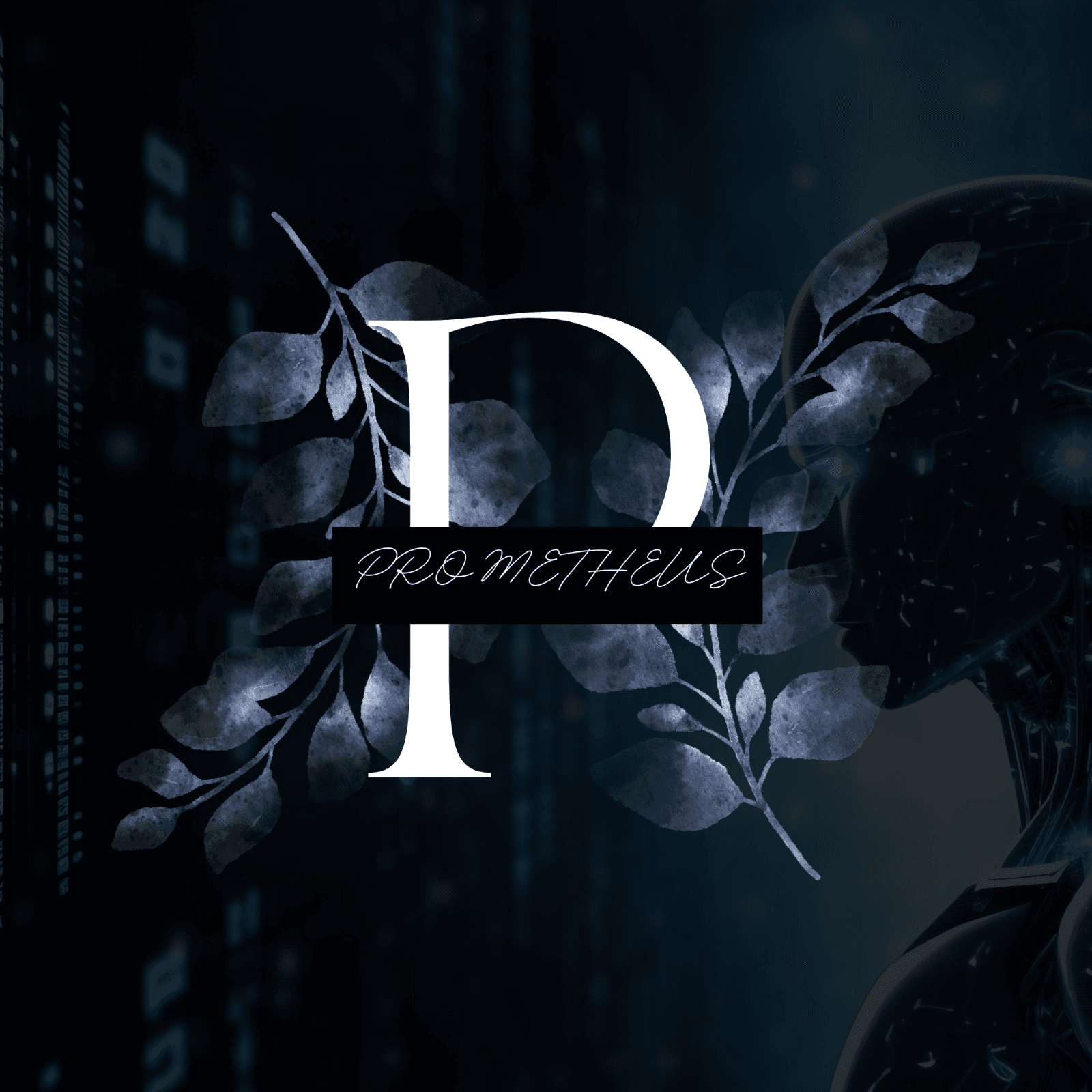 Prometheus September AI Challenge 공식 키비주얼. 짙은 남색 배경에 흰 세리프 'P'와 PROMETHEUS 워드마크, 잎사귀 문양과 안드로이드 옆모습 실루엣이 겹쳐 있다.