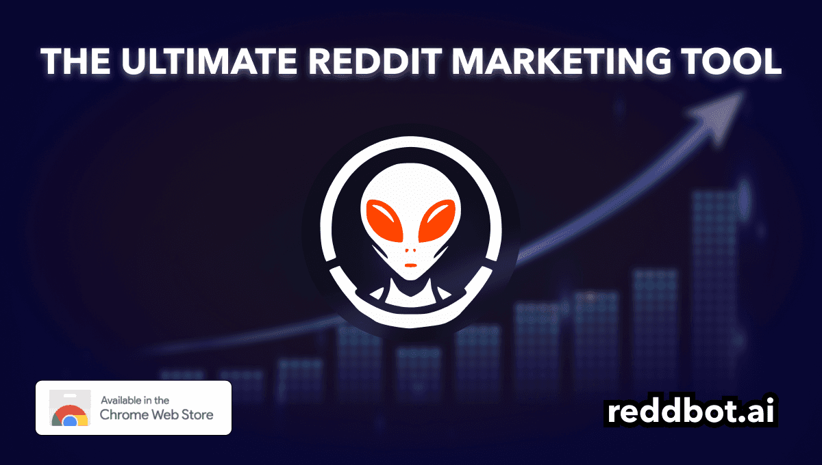Reddbot 제품 오픈그래프 이미지. 짙은 남색 배경에 'THE ULTIMATE REDDIT MARKETING TOOL' 문구와 우상향 그래프, 흰 원형 마스코트 심볼, reddbot.ai 로고가 있다.