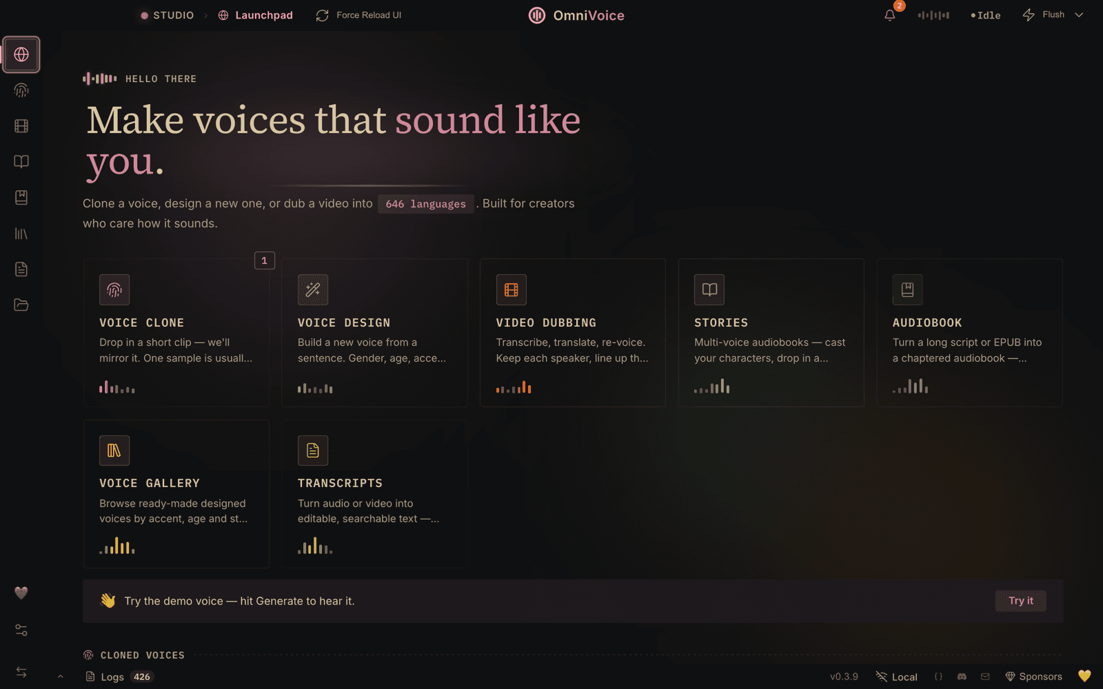 VoiceStudio 데스크톱 앱 화면 — 음성 복제·음성 디자인·영상 더빙·오디오북 등 기능 카드가 늘어선 다크 테마 대시보드