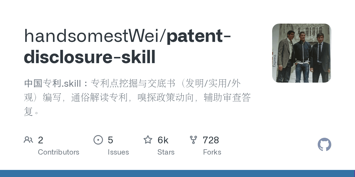 handsomestWei/patent-disclosure-skill 저장소의 GitHub 오픈그래프 카드 — 중국어 저장소 설명과 별 6천 개 지표 표시