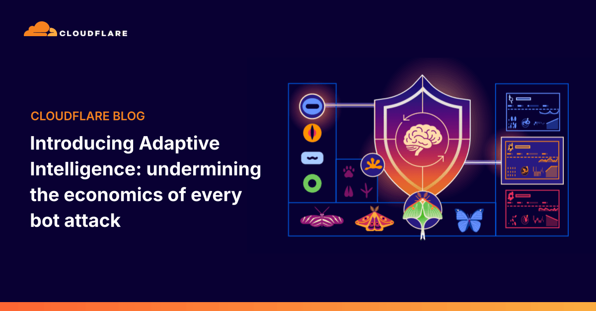 Cloudflare 공식 블로그의 Adaptive Intelligence 발표 헤더 이미지 — 방패 안의 두뇌 아이콘과 봇을 상징하는 나방·나비, 트래픽 분석 대시보드가 배치된 다크 네이비 일러스트
