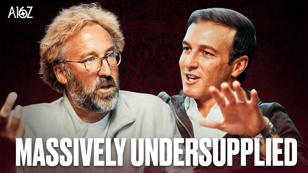 a16z 팟캐스트 회차 썸네일 — Gavin Baker 와 David George 가 마주 앉아 대담하는 장면 위에 'MASSIVELY UNDERSUPPLIED' 문구