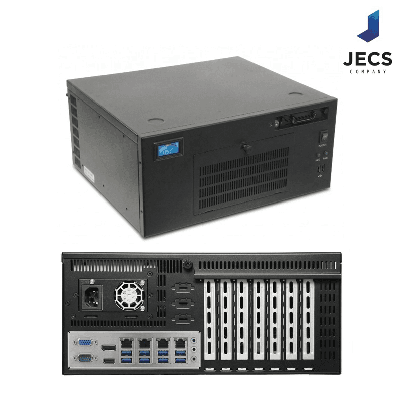젝스컴퍼니의 머신비전용 산업용 PC 제품 사진. 위쪽은 전면 LCD 온도 표시가 있는 검은색 월마운트 섀시, 아래쪽은 다중 카메라 연결용 이더넷 포트와 PCIe 확장 슬롯이 늘어선 후면 패널