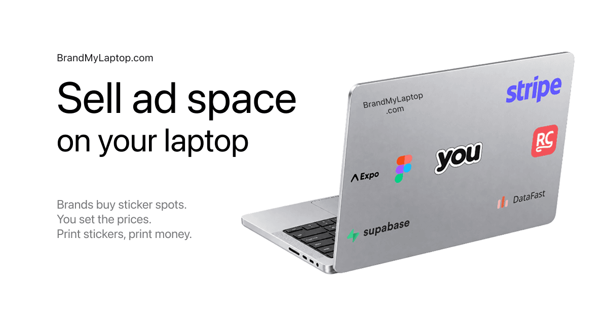 노트북 뚜껑에 여러 브랜드 스티커가 붙은 목업과 함께 'Sell ad space on your laptop' 문구가 적힌 BrandMyLaptop 공식 소개 이미지