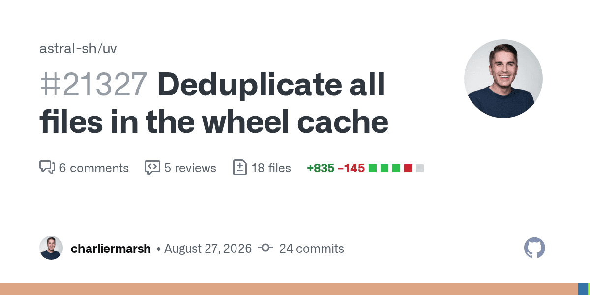 astral-sh/uv 저장소의 풀 리퀘스트 #21327 'Deduplicate all files in the wheel cache' GitHub 오픈그래프 카드
