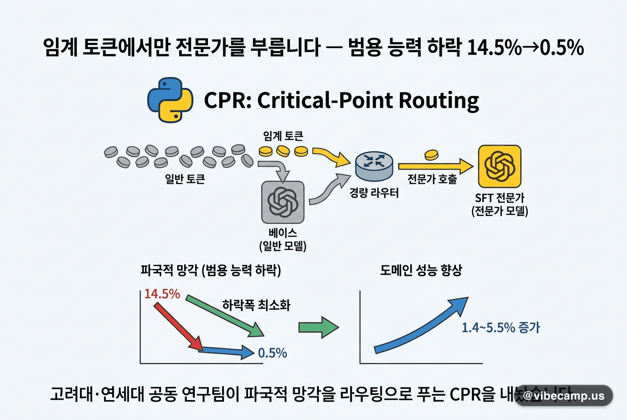 임계 토큰에서만 전문가를 부릅니다 — 범용 능력 하락 14.5%→0.5%