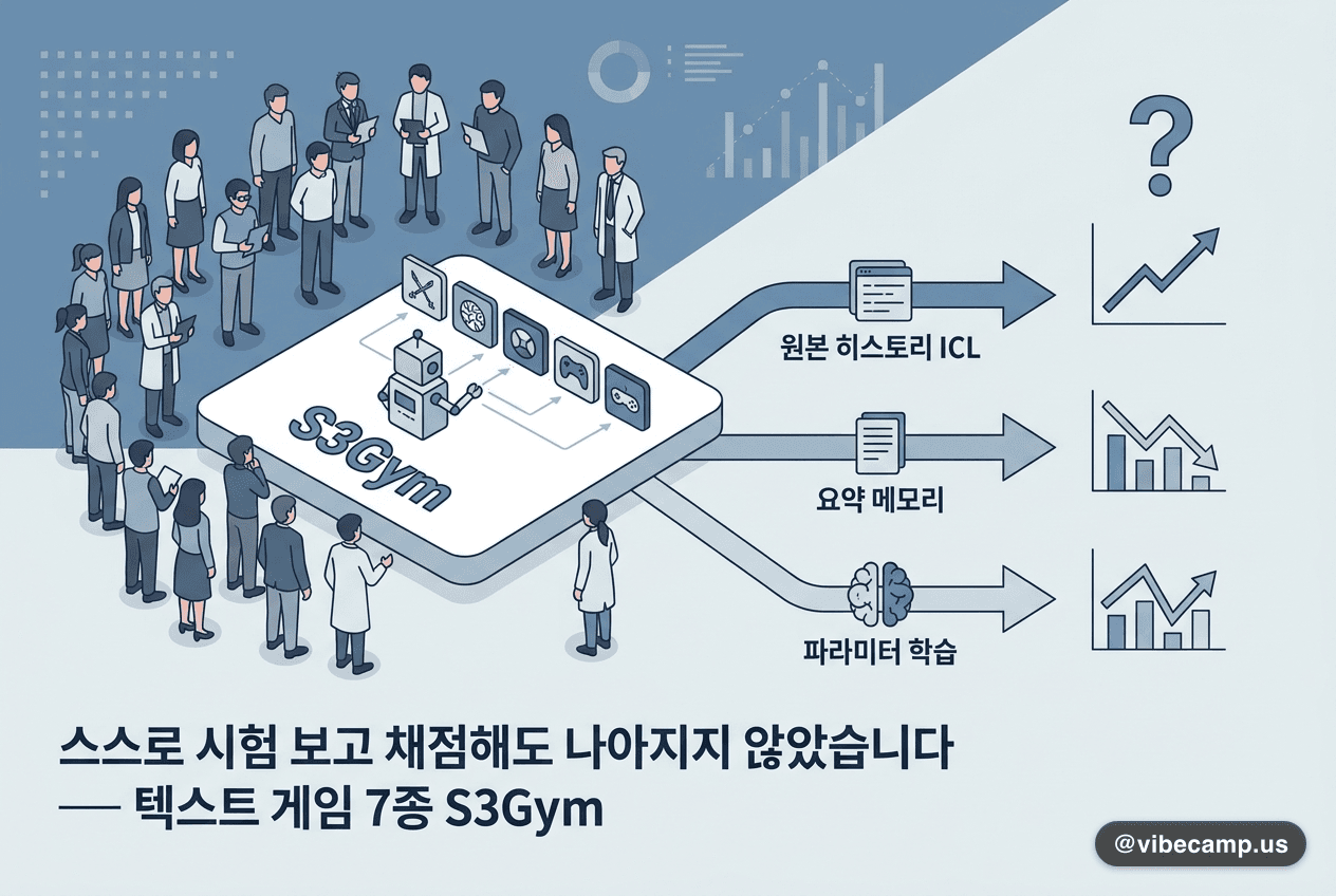 스스로 시험 보고 채점해도 나아지지 않았습니다 — 텍스트 게임 7종 S3Gym