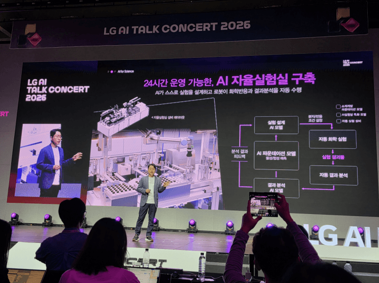 LG AI 톡 콘서트 2026 무대에서 'AI 자율실험실 구축' 슬라이드가 대형 스크린에 표시된 모습