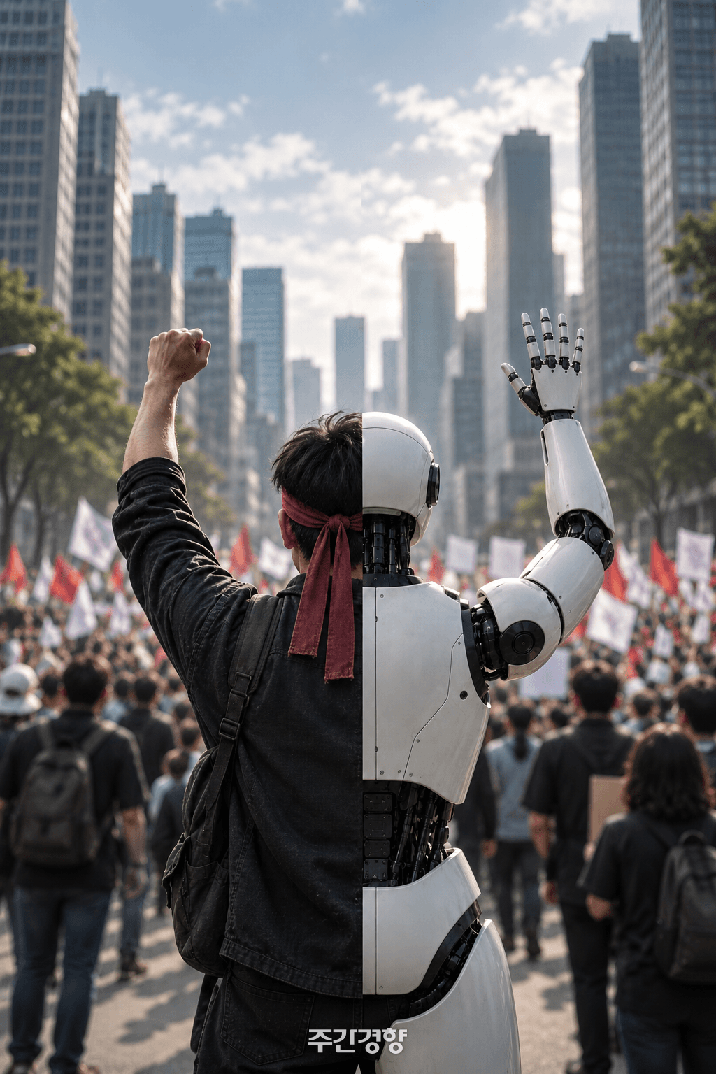 집회 대열 앞에서 주먹을 들어올린 노동자의 뒷모습이 반은 사람, 반은 로봇으로 갈라진 일러스트