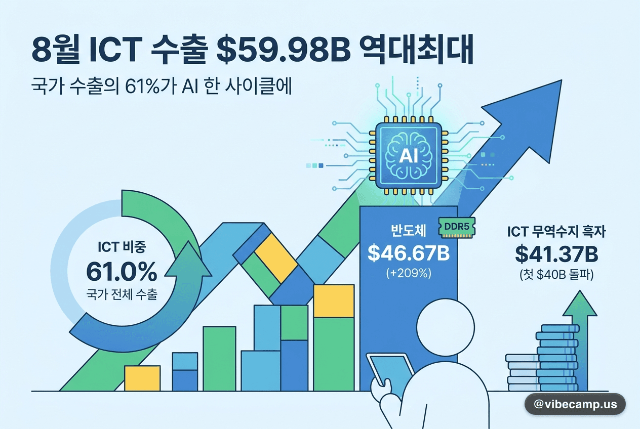 8월 ICT 수출 $59.98B 역대최대 — 국가 수출의 61%가 AI 한 사이클에