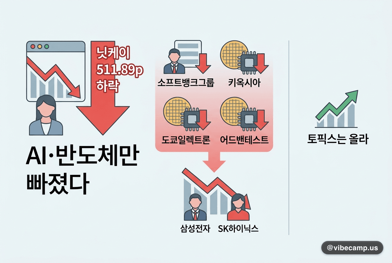 닛케이 511.89p 하락 63,499 — 토픽스는 올라 AI·반도체만 빠졌다