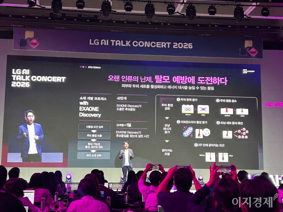 'LG AI 토크 콘서트 2026' 무대에서 엑사원 디스커버리의 후보물질 42만개 탐색 과정을 담은 슬라이드를 배경으로 발표하는 장면