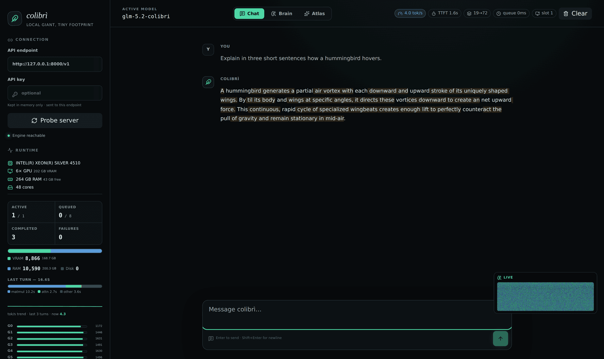 colibri 추론 엔진의 어두운 대시보드 화면 — 왼쪽에 API 엔드포인트와 GPU·RAM·코어 등 런타임 사용량 패널, 오른쪽에 glm-5.2-colibri 모델과 주고받은 채팅 응답이 표시됨