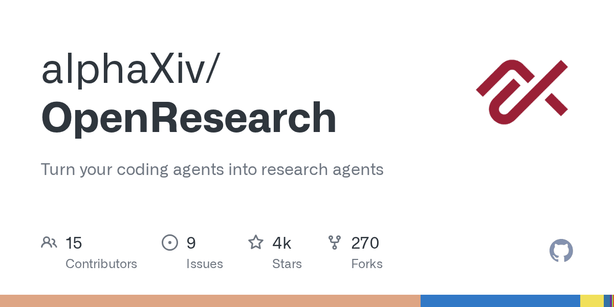 alphaXiv/OpenResearch 깃허브 저장소 카드 — '코딩 에이전트를 리서치 에이전트로' 소개 문구와 스타 4천 개, 포크 270개 지표 표시