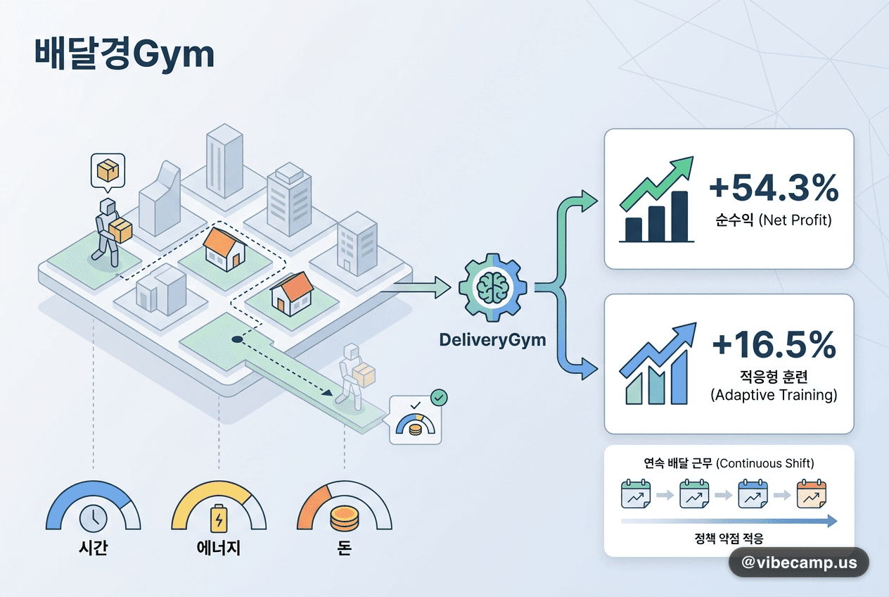 배달 근무를 시뮬레이션했더니 — 순수익 +54.3%, 적응형 훈련 +16.5%